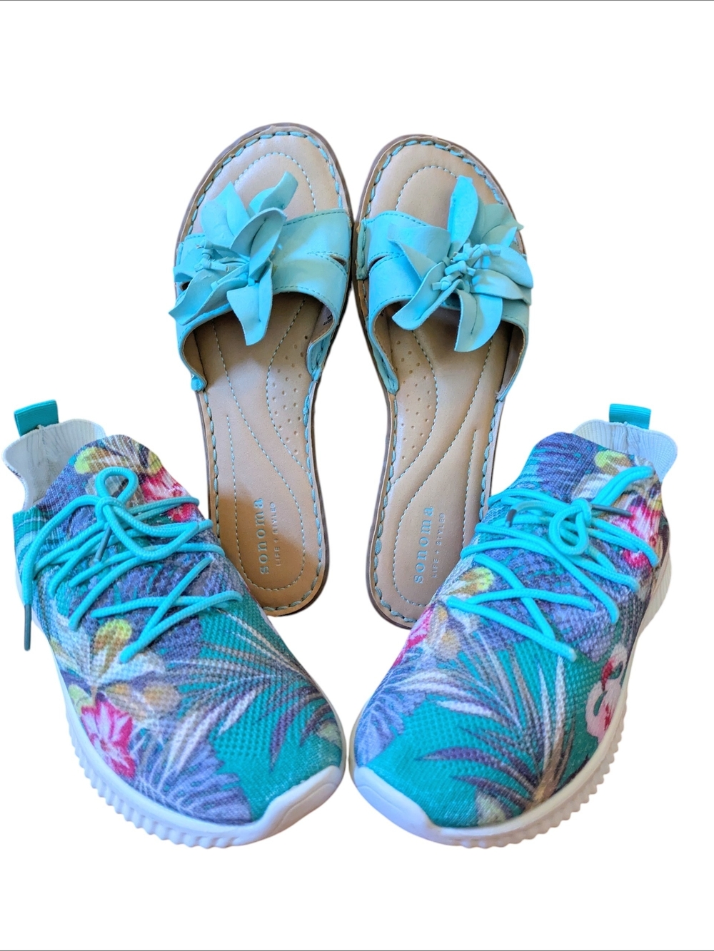 Turquoise Floral Knit Sneakers and Turquoise Knot Slide Sandals Set, NWOT